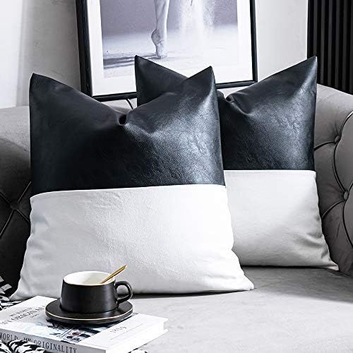 DEZENE Faux Leather with 100% Cotton Decorative Throw Pillow Covers for Couch Bed Sofa, Set of 2 ... | Amazon (US)