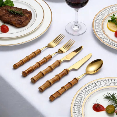 Bamboo Handle Stainless Steel Flatware Set With Cutlery Rack - Mirror Polished Silverware For Home, Restaurant, And Entertaining | Wayfair North America