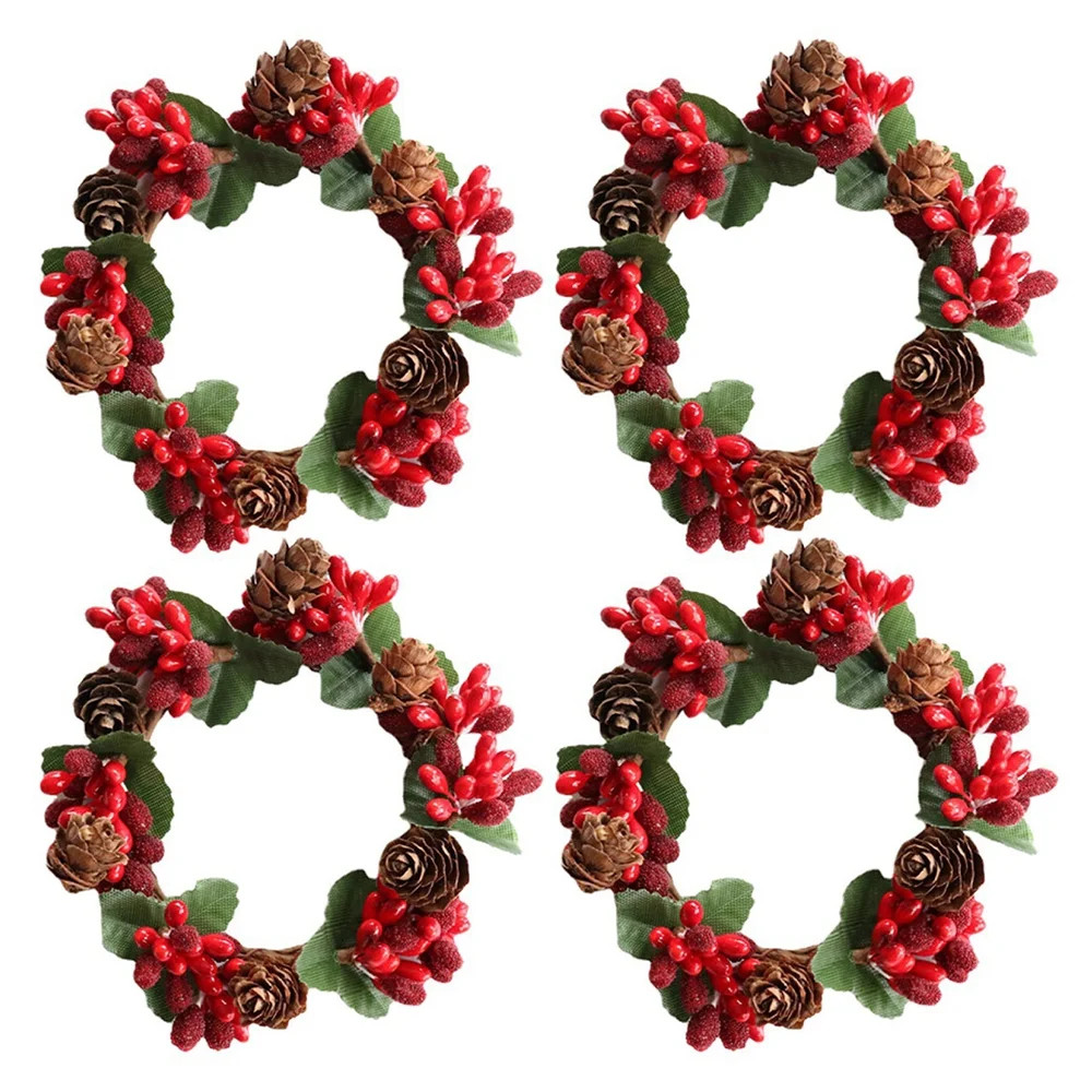 4Pcs 3.14inch Christmas Candle Ring, Xmas Artificial Beaded Berries Candle Rings, Small Pinecones... | Walmart (US)
