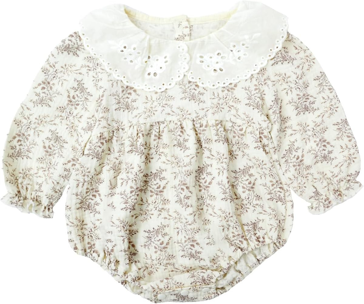 Infant Baby Girl Floral Romper Lace Peter Pan Collar Bubble Sleeve Bodysuit for 1st Birthday Outf... | Amazon (US)