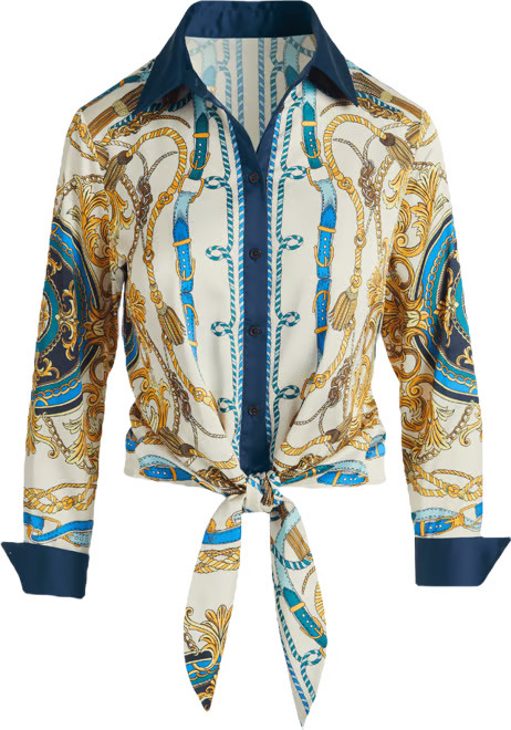 Printed Charmeuse Tie-Front Shirt - Into The Blue | Boston Proper | Boston Proper