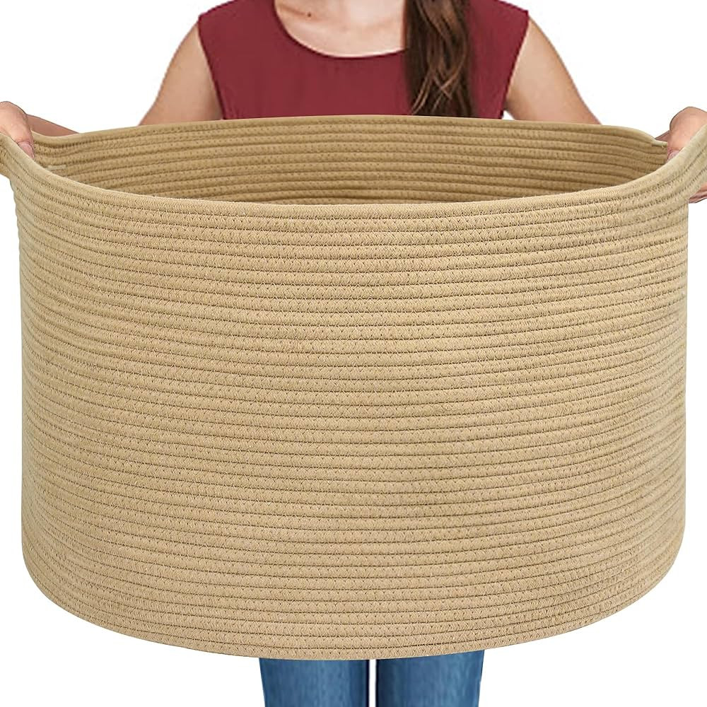 Large Jute Storage Basket, 22" X 22" X 14" Stuffed Animal Storage Basket, Soft Cotton Rope Basket... | Amazon (US)