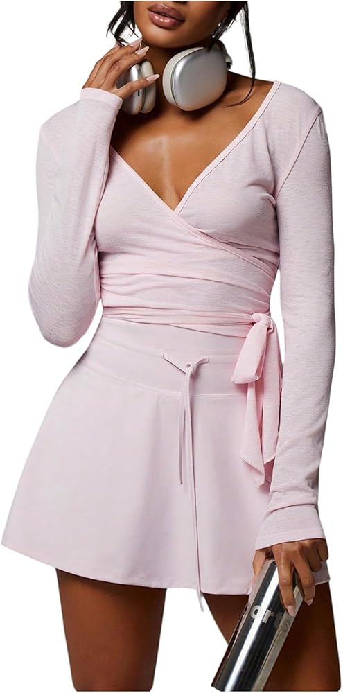 SOLY HUX Women's Ballet Wrap Top Y2k Tie Front Deep V Neck Long Sleeve T Shirt Workout Yoga Crop ... | Amazon (CA)