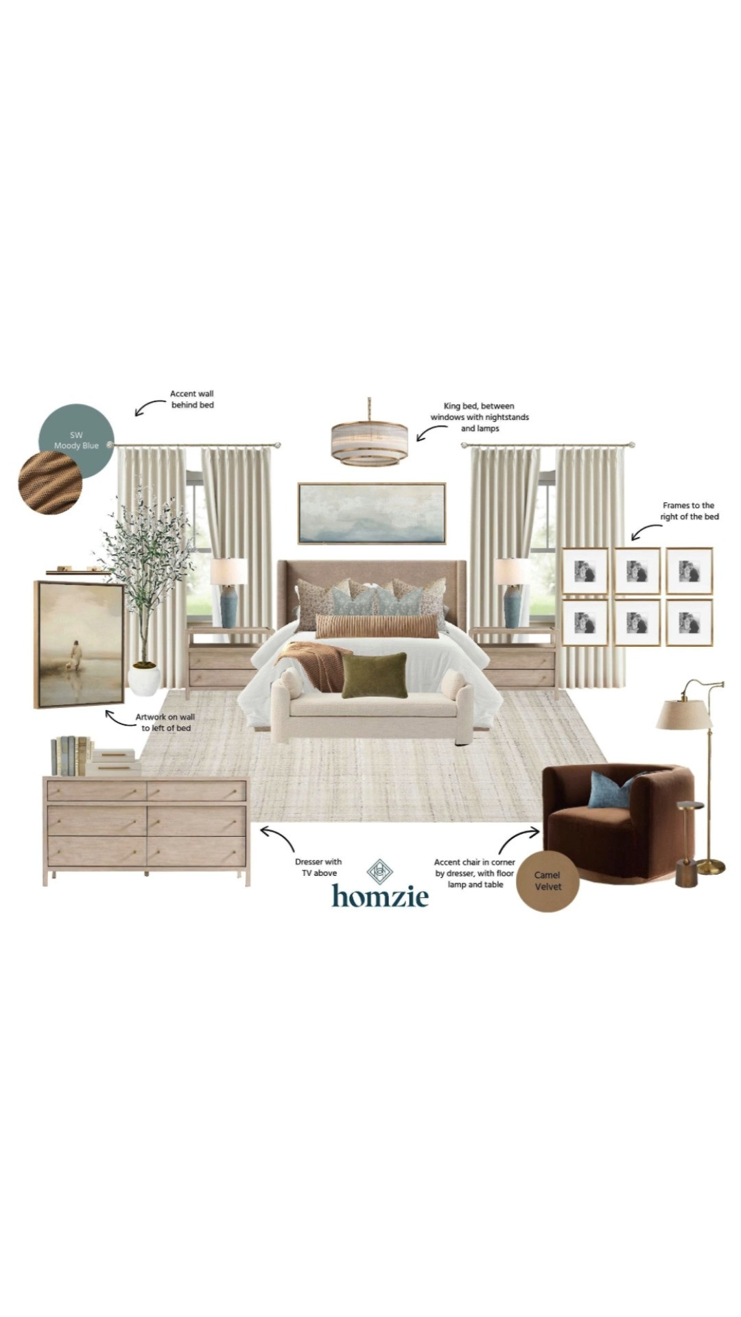 Master bedroom design featuring curtains, wall art, bed frame, accent chair, accent pillows, floor lamp, dresser, floor tree, decor, etc.

#LTKFinds #LTKHome #LTKFavorites #HomeStyleDaily 

 #LTKHome #LTKStyleTip #LTKFamily