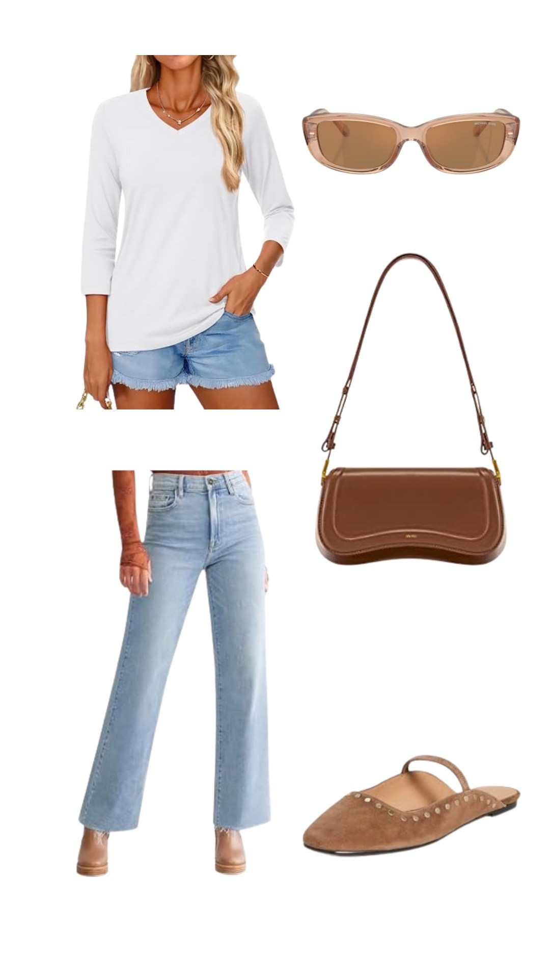 •	casual spring outfit
	•	white v-neck top
	•	light wash denim shorts
	•	high waist straight leg jeans
	•	brown crossbody bag
	•	tan studded mules
	•	neutral sunglasses
	•	effortless weekend look
	•	minimalist chic style
	•	summer to fall transition outfit
	•	casual everyday outfit
	•	capsule wardrobe basics
	•	light denim outfit ideas
	•	brown accessories style
	•	neutral tones outfit