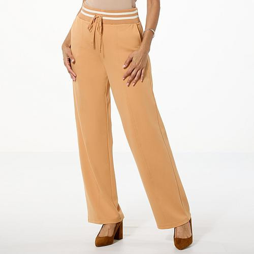 G by Giuliana Ponte Knit Wide-Leg Pull-On Pant w/ Rib Knt Trim - Tan - Size Medium | HSN