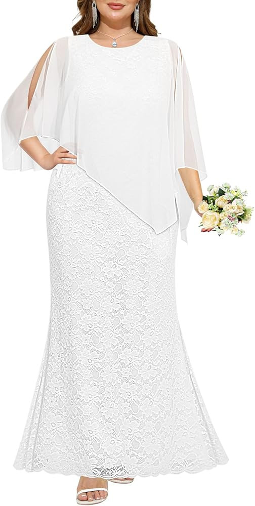 Women's Plus Size Cape Dress with Chiffon Overlay Gown Formal Evening Lace Long Mermaid Dresses 2... | Amazon (US)