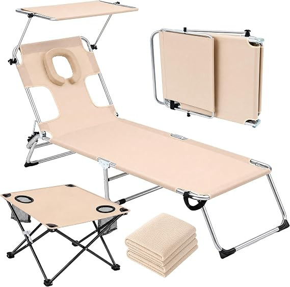 4 Pcs Tanning Chair Set with with Canopy Shade Face Hole Includes an Adjustable Sun Lounger Chair... | Amazon (US)