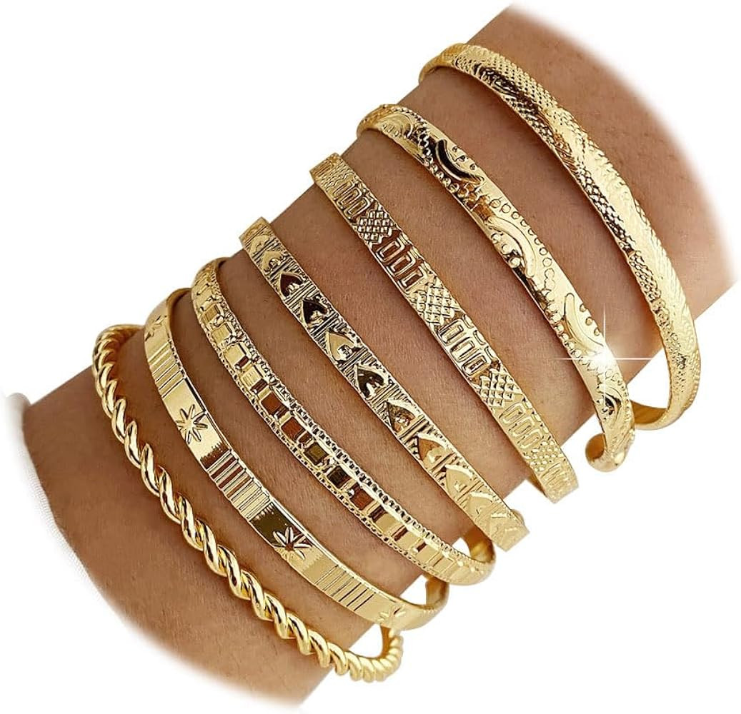 KISS WIFE Gold Bangles for Women, Open Adjustable Bangle Bracelets, Multi Layer Stackable Cuff Br... | Amazon (US)
