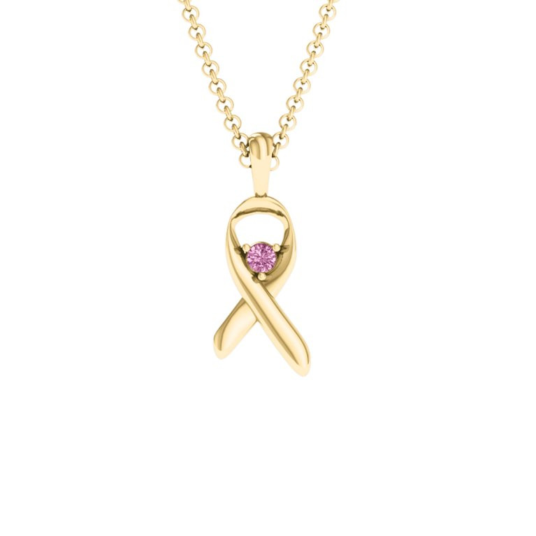 14K Yellow Gold Awareness Ribbon Pendant with Pink Sapphire Stone | Jewlr