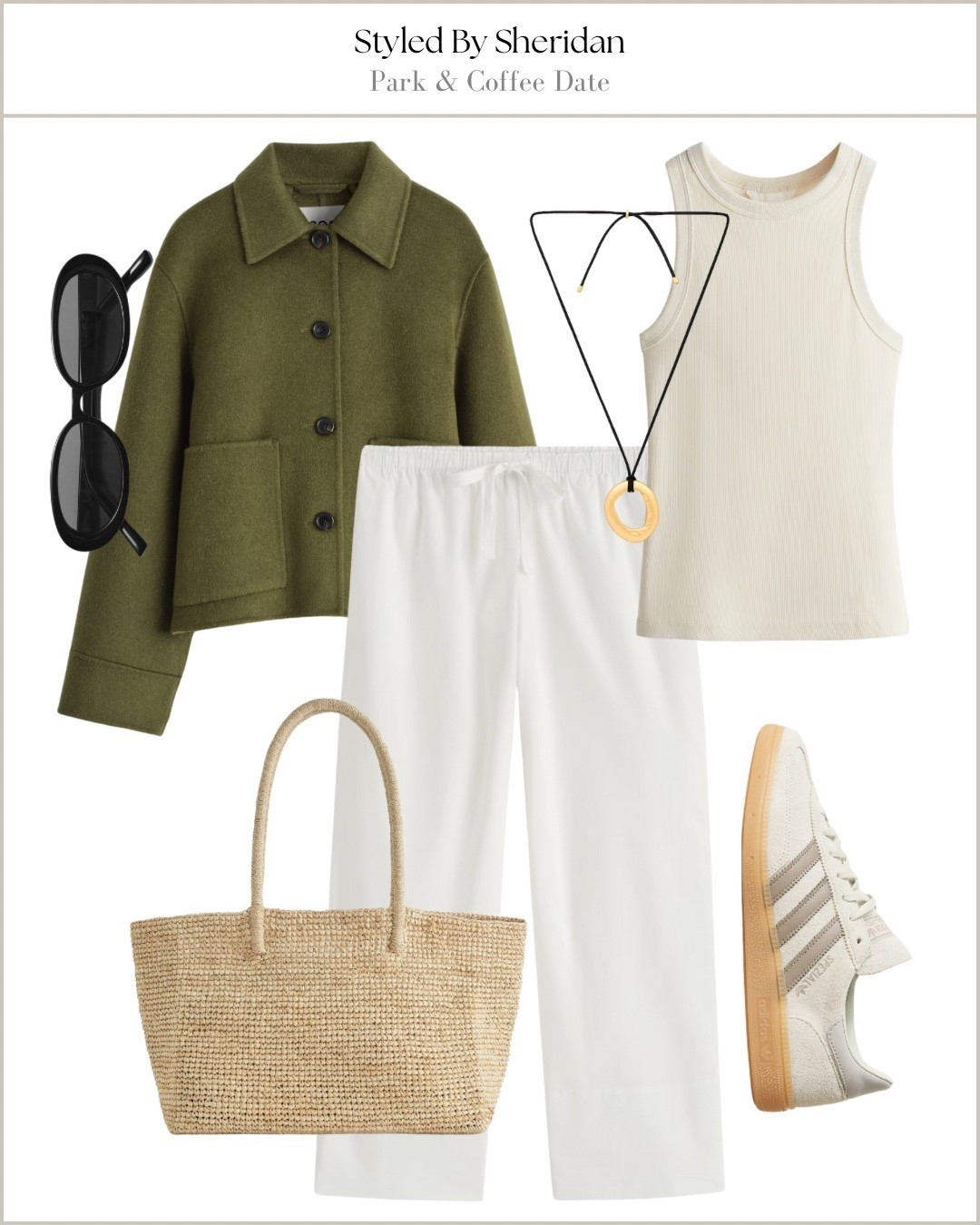 Outfit idea 💡 

White trousers, adidas trainers, straw bag, casual outfit, comfy outfit, green jacket 

#LTKbag #LTKshoes #LTKstyletip