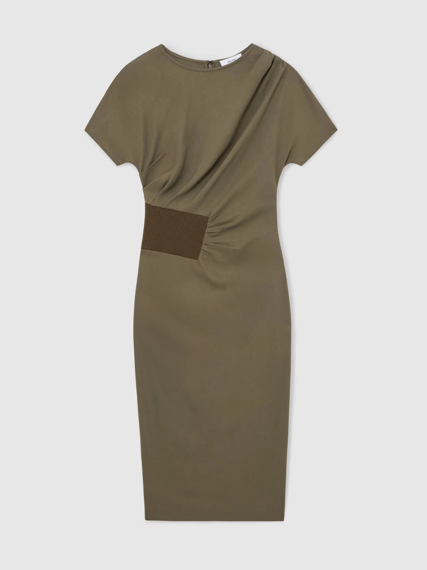 Reiss Reiss Khaki Green Etta Ribbed-Panel Draped Midi Dress | Next US