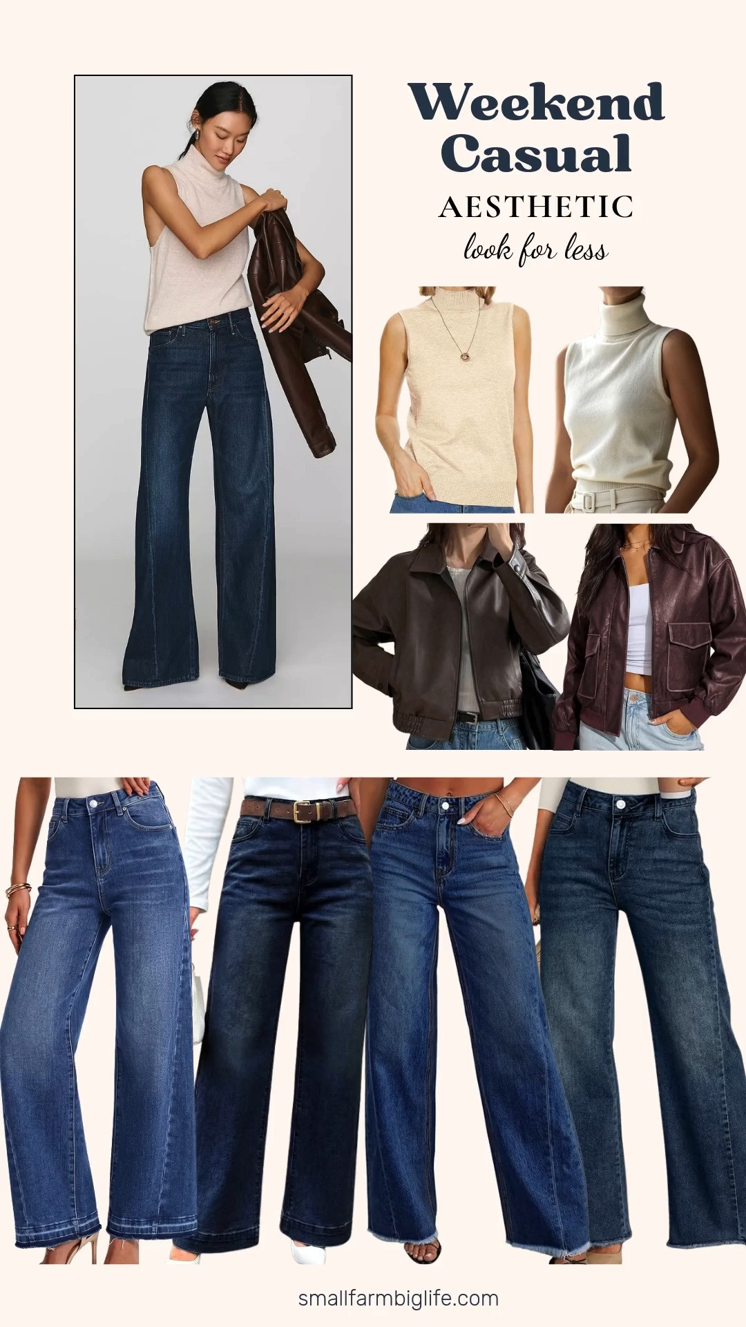 This weekend casual aesthetic look has such a relaxed, elevated feel, and I found affordable ways to get the same look for less.

For the MOTHER Lemon Twist Wide Leg Jeans at $268, you can get a similar high waisted wide leg silhouette from Amazon for a fraction of the price. The blueing Sidefeel Wide Leg Jeans, the dark blue Arach&Cloz Wide Leg Jeans, the dirty blue SHEWIN Flare Jeans, and the vintage blue Trendy Queen Wide Leg Jeans are all priced between $32 and $40, giving you plenty of wash options to choose from.

For the light sand By Anthropologie Cashmere Sleeveless Sweater at $178, the beige INKOFF Sleeveless Turtleneck and the white Elegant Turtleneck Sweater Vest are both great business casual workwear alternatives under $25.

And for the chocolate brown Maeve Faux Leather Cape Jacket at $158, you can get that same moto inspired outerwear look with the brown Milumia Faux Leather Cropped Bomber Jacket or the wine red Faux Leather Oversized Bomber Jacket, both under $55.

So many ways to get this exact weekend casual look for a fraction of the designer price, all linked for you.

#lookforless #anthropologie #fallfashion #falloutfits #autumnoutfits 

 #LTKootd #LTKOver40 #LTKSaleAlert