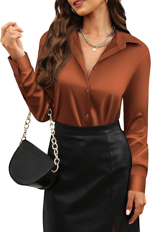 CUNLIN Womens Soft Satin Silk Leopard Button Down Shirts for Women Silky Long Sleeve Work Shirt D... | Amazon (US)