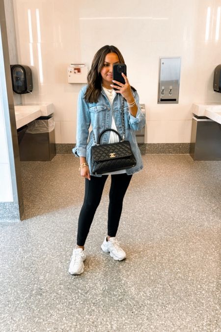 Travel Outfit ✈️
Denim jacket size xxs regular - TTS 
White oversized tee - old from Abercrombie, similar linked 
Leggings size 6 - I size up two sizes in this brand!
Sneakers size 6.5 TTS 
Purse - Chanel coco handle medium size 


#LTKStyleTip #LTKFindsUnder100 #LTKTravel