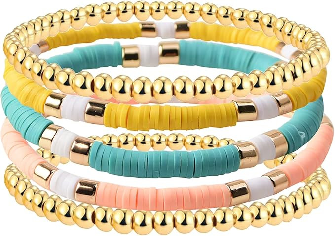 Surfer Heishi Clay Bead Bracelets for Women Stackable Evil Eye Vinyl Disc Beaded Stretch Bracelet... | Amazon (US)