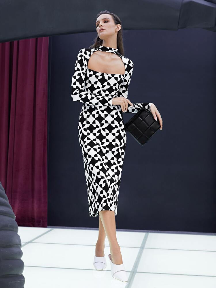 SHEIN Geo Print Choker Neck Top & Skirt | SHEIN