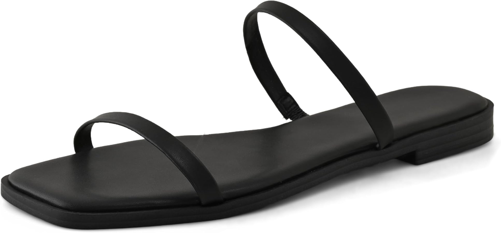 Shoe'N Tale Strappy Flat Sandals for Women Slip On Square Open Toe Slides Sandals | Amazon (US)