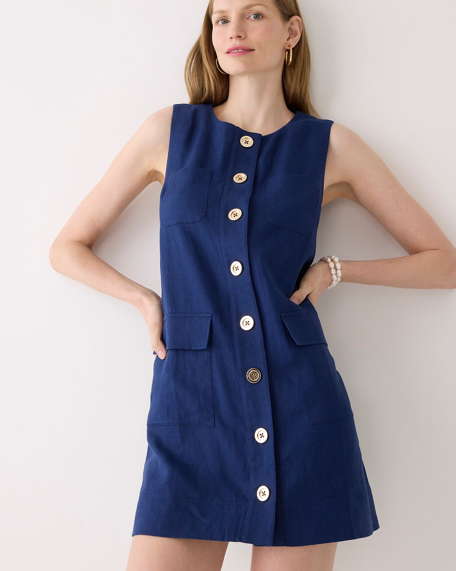 Button-front shift dress in linen | J.Crew US