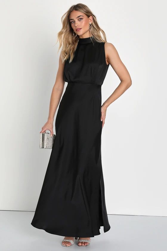 Classic Elegance Black Satin Sleeveless Mock Neck Maxi Dress | Lulus (US)