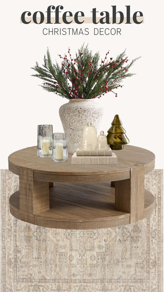Coffee table christmas decor! 



coffee table decor, round coffee table, wooden, rug, neutral home, holiday home, arrangement, candle. bell, stacking books, glass tree  

 #LTKHoliday #LTKSeasonal #LTKHome