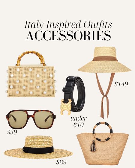 Italy inspired outfit accessories, straw hat, straw tote, vacation accessories, vacation hat, vacation bag, Celine inspired belt, sunglasses, summer outfit, Europe trip accessories 

#LTKtravel #LTKstyletip #LTKitbag