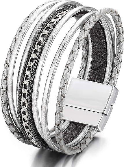 FINETOO Multilayer Leather Wrap Bracelet Handmade Braided Chain Cuff Bangle Alloy Magnet Buckle B... | Amazon (US)