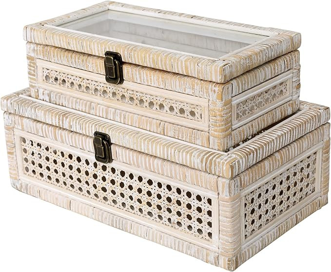 Rattan and Cane Stacking Boxes with Glass Top Lid - Set of 2 11.8" and 14.1", for Boho and Rustic... | Amazon (US)