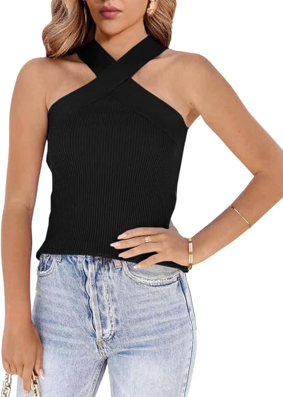 Womens Criss Cross Halter Sweater Vest Tops Summer Sleeveless Pullover Casual Lightweight V Neck ... | Amazon (US)
