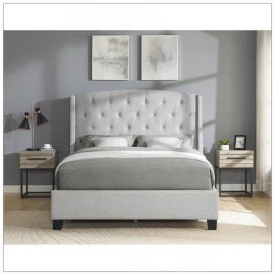 1Pc King Size Upholstered Panel Bed Button Tufted Nail Head Dove Gray Wood Fabric Bedroom Furniture | Wayfair North America
