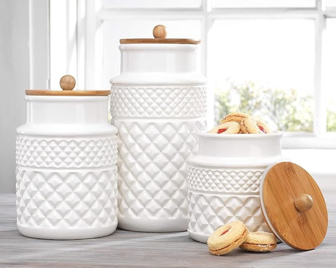 MosJos Set of 3 White Canisters Embossed Faceted Ceramic, 3 Round Jars with Bamboo Lid and Rubber... | Amazon (US)