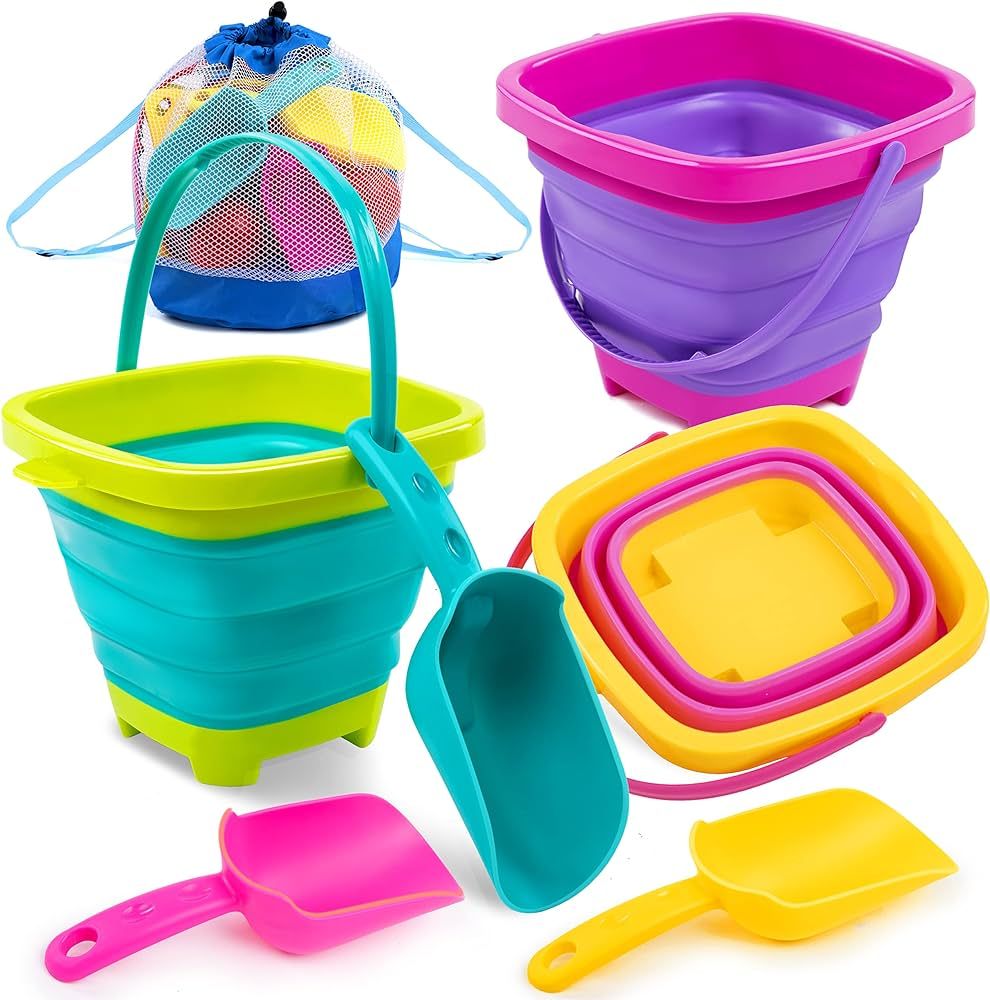 Sloosh 3 Packs Foldable Bucket - Collapsible Bucket with Sand Shovels and Mesh Backpack for Kids ... | Amazon (US)