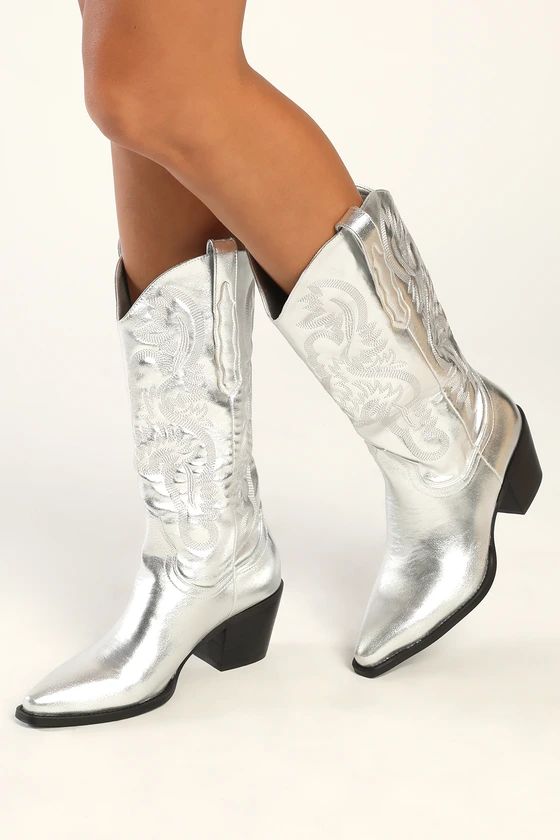 Danilo Silver Metallic Pointed-Toe Slip-On Cowboy Boots | Lulus (US)