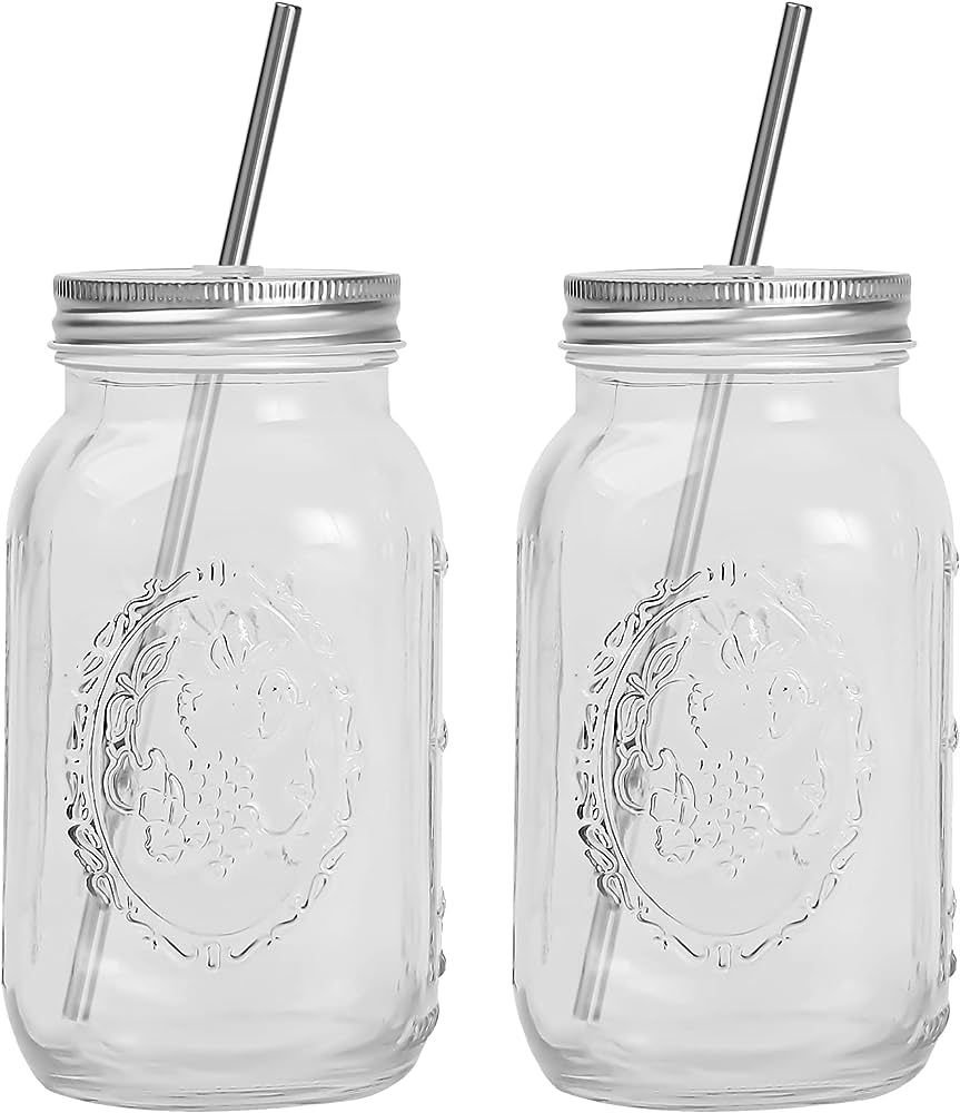 YSJILIDE Smoothie Cups, Glass Mason Drinking Jar, 24oz Smoothie Cups with Lid and Stainless Steel... | Amazon (US)