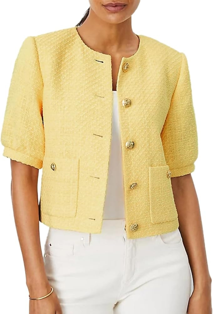 LifeShe Puff Short Sleeve Tweed Jacket Women Cropped Jackets Summer Open Front Office Work Blazer... | Amazon (US)