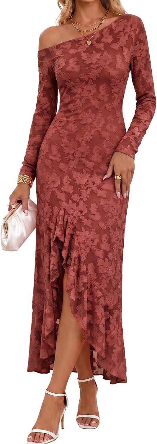 Wenrine Women Long Sleeve Maxi Dress Fall Off Shoulder Cocktail Party Dress | Amazon (US)