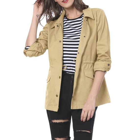 INSPIRE CHIC Women's Utility Jackets Drawstring Waist Flap Pocket Zip Button Jackets M Camel | Walmart (US)