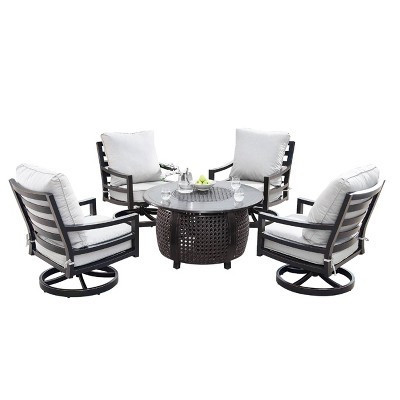 5pc Outdoor Fire Table Set with Weave 44" Round Fire Table, 4 Deep Seating Swivel Rocking Chairs & Table Fabric Covers - Oakland Living | Target