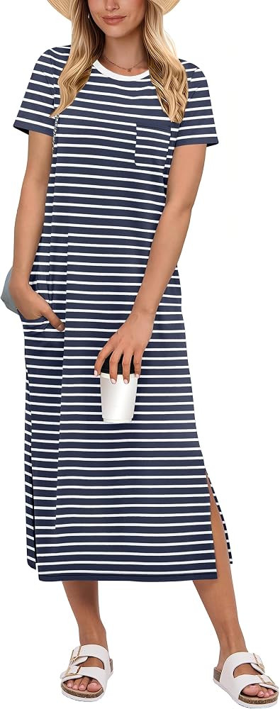 ANRABESS Womens Midi Dress,Summer Long Tshirts Dresses,Short Sleeve Split Stripe,Comfy Travel Bea... | Amazon (US)