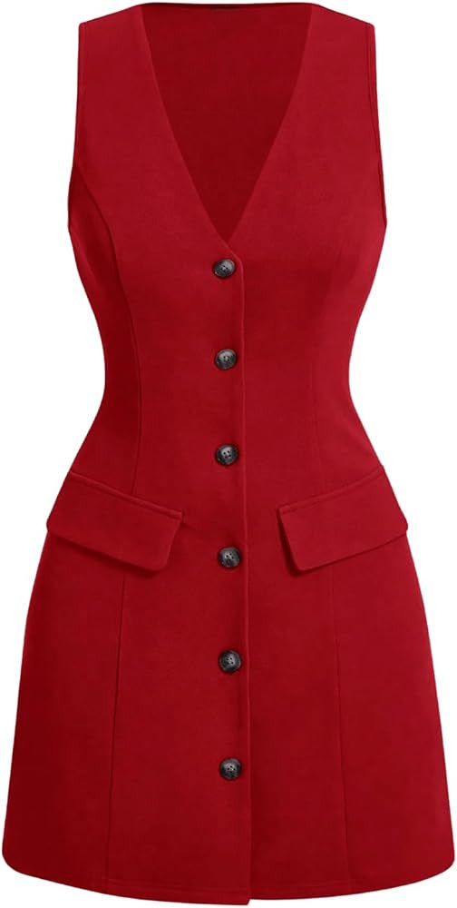 MakeMeChic Women's Elegant Short Dresses Deep V Neck Button Down Sleeveless Blazer Dress | Amazon (US)