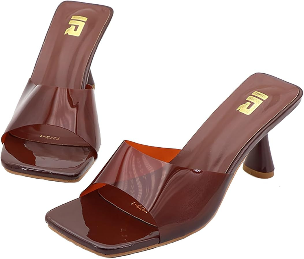 Women's Clear Strap Square Toe Stilettos Sandals Slip-on Sexy Jelly Color Comfortable Open Toe Hi... | Amazon (US)