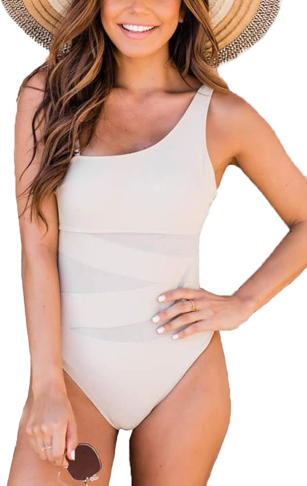 BZB Women's One Shoulder Swimsuits Tummy Control Swimwear Modest Bathing Suit | Amazon (US)