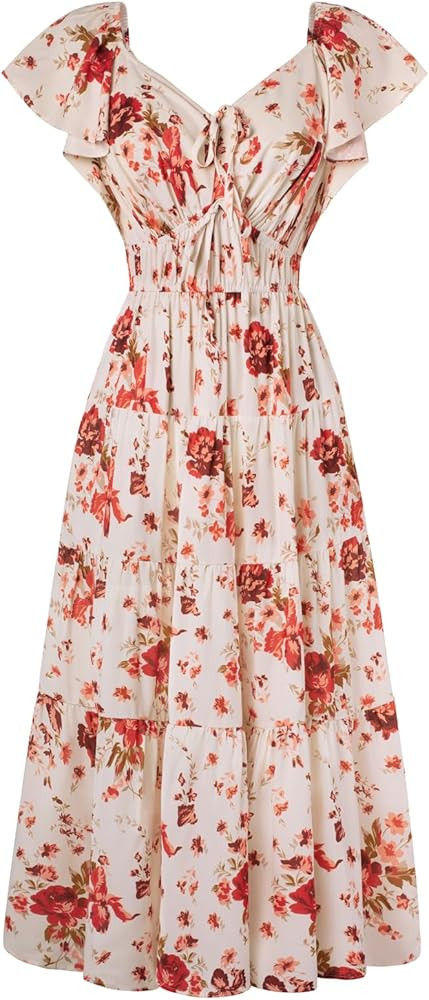 GRACE KARIN Womens 2025 Floral Summer V-Neck Ruffle Sleeve Empire Waist A-Line Casual Maxi Tiered... | Amazon (US)