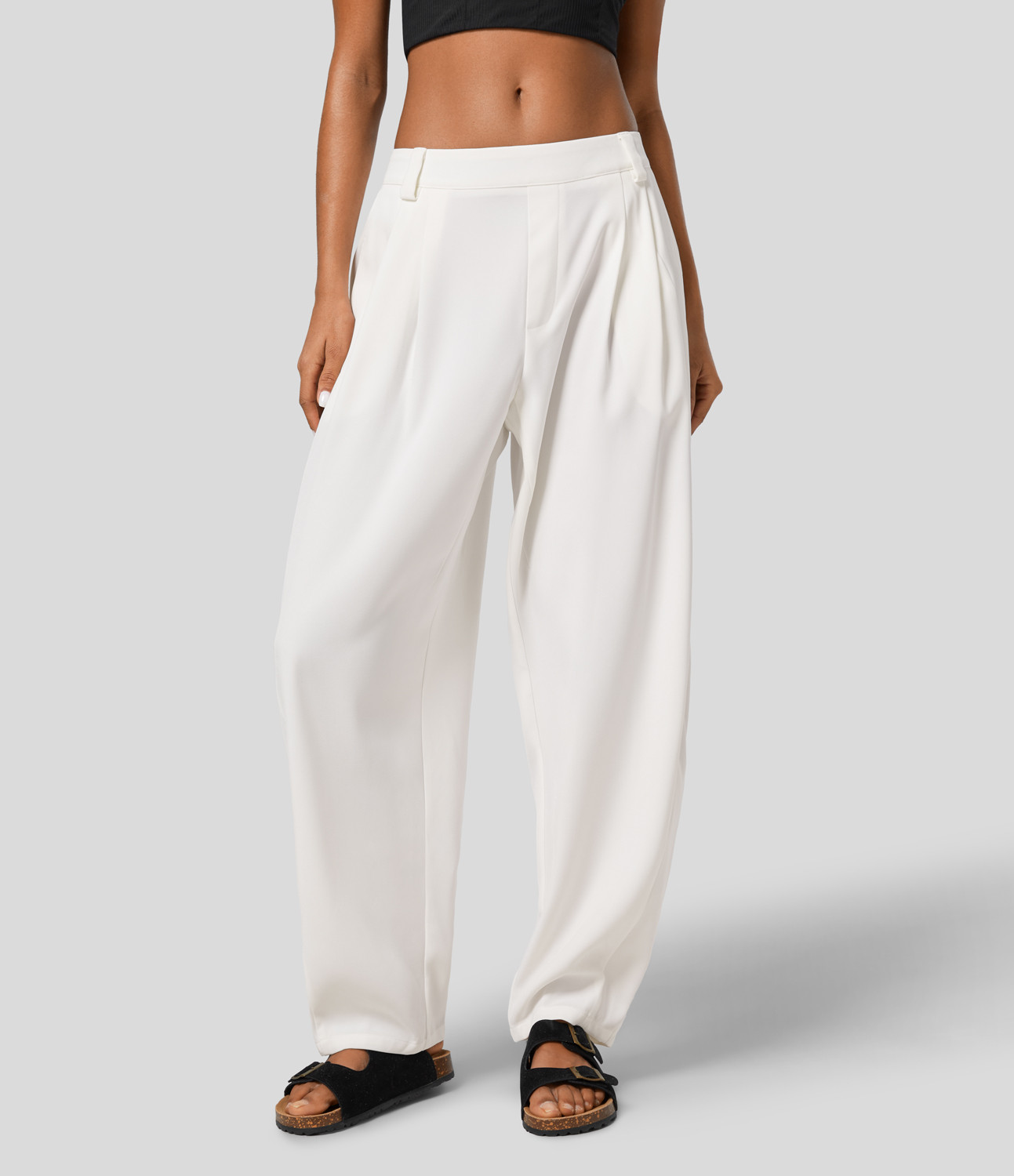 Damen Stoffhose mit mittelhohem Bund, gefalteten Seitentaschen und Barrel-Leg - Halara | Halara - DE