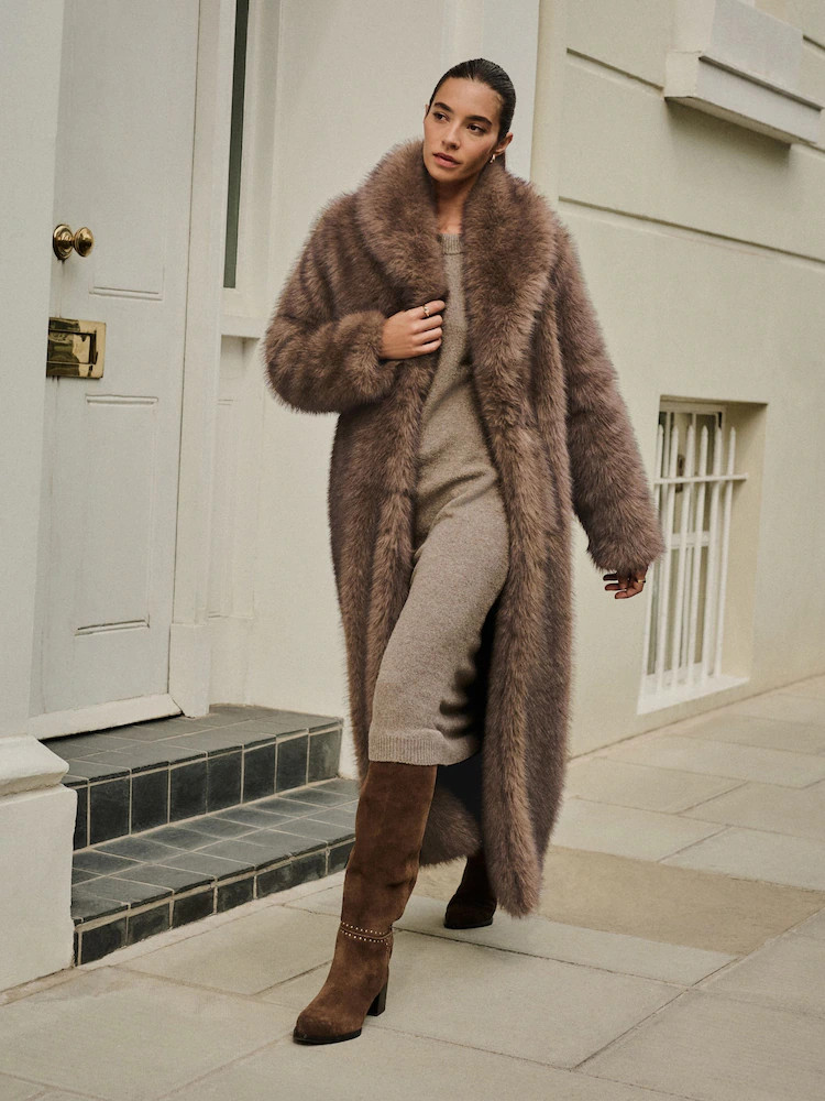 Chocolate Brown Faux Fur Long Coat | Next EU