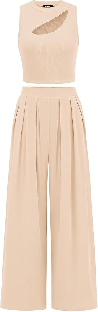 BTFBM Women 2 Piece Outfits 2024 Spring Summer Tracksuits Mock Neck Sleeveless Cutout Crop Top Wi... | Amazon (US)