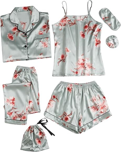 SheIn Women's 7pcs Pajama Set Cami Pjs with Shirt and Eye Mask | Amazon (US)