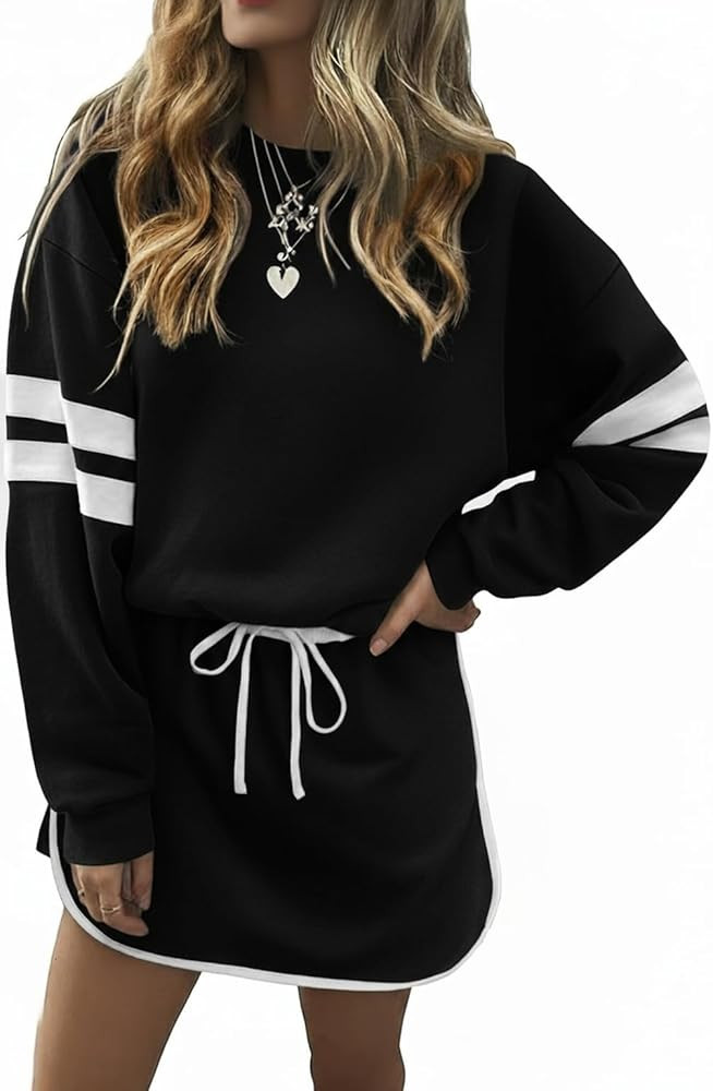 Womens 2 Piece Sets Casual Stripes Drop Shoulder Long Sleeve Tops and Matching Drawstring Skort L... | Amazon (US)