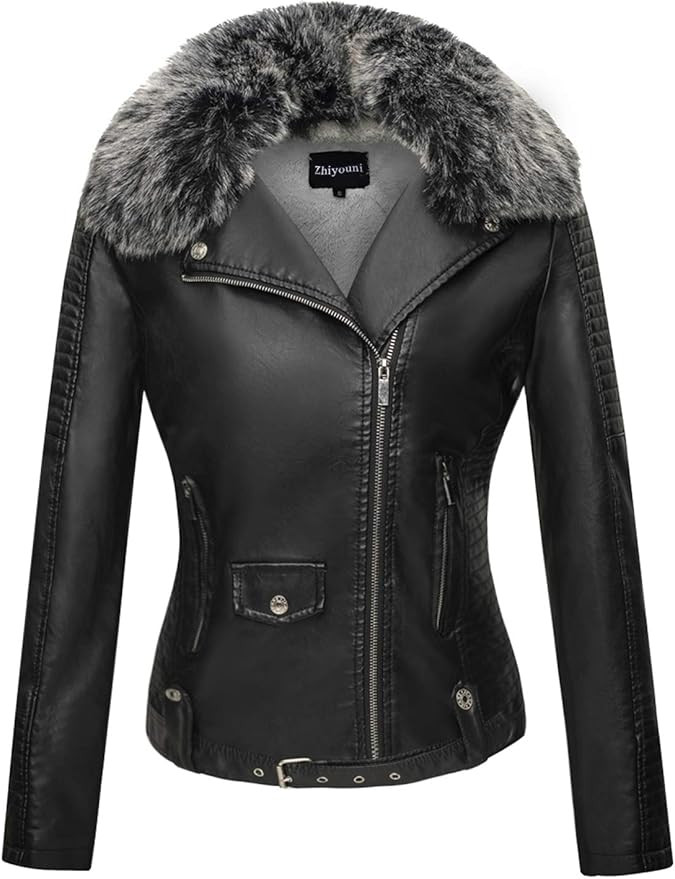 Zhiyouni Women's Faux Fur Collar Fleece Lined Warm Quilted Moto PU Leather Jacket | Amazon (US)
