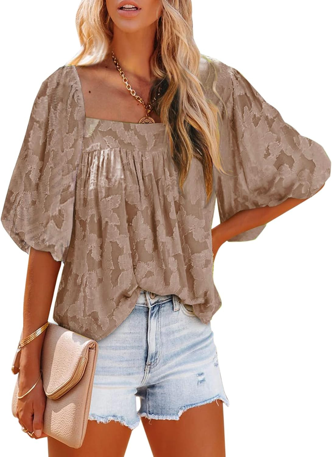 EVALESS Square Neck Summer Tops for Women 3/4 Puff Sleeve Lace Floral Flowy Ladies Tops and Blous... | Amazon (US)